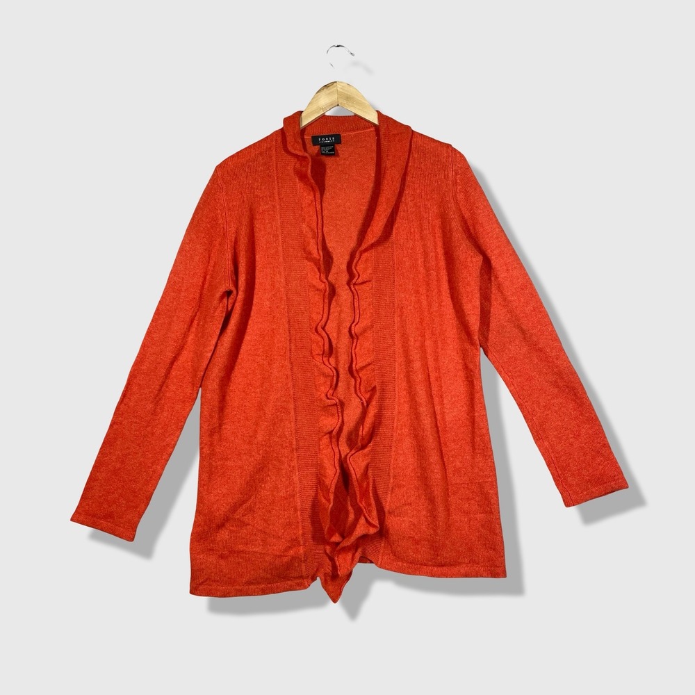 Forte Cashmere Ruffle Cardigan Women‎ Medium Orange Open Front Knit Sweater